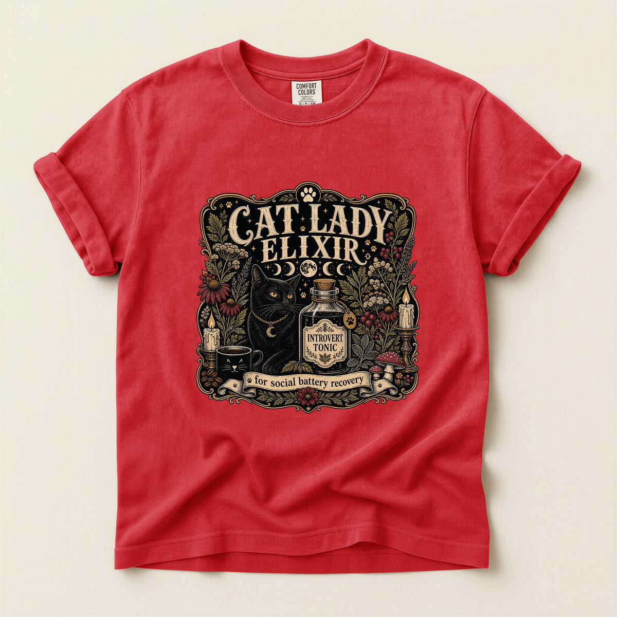 Cat Lady Elixir graphic tee in Red, folded flat lay