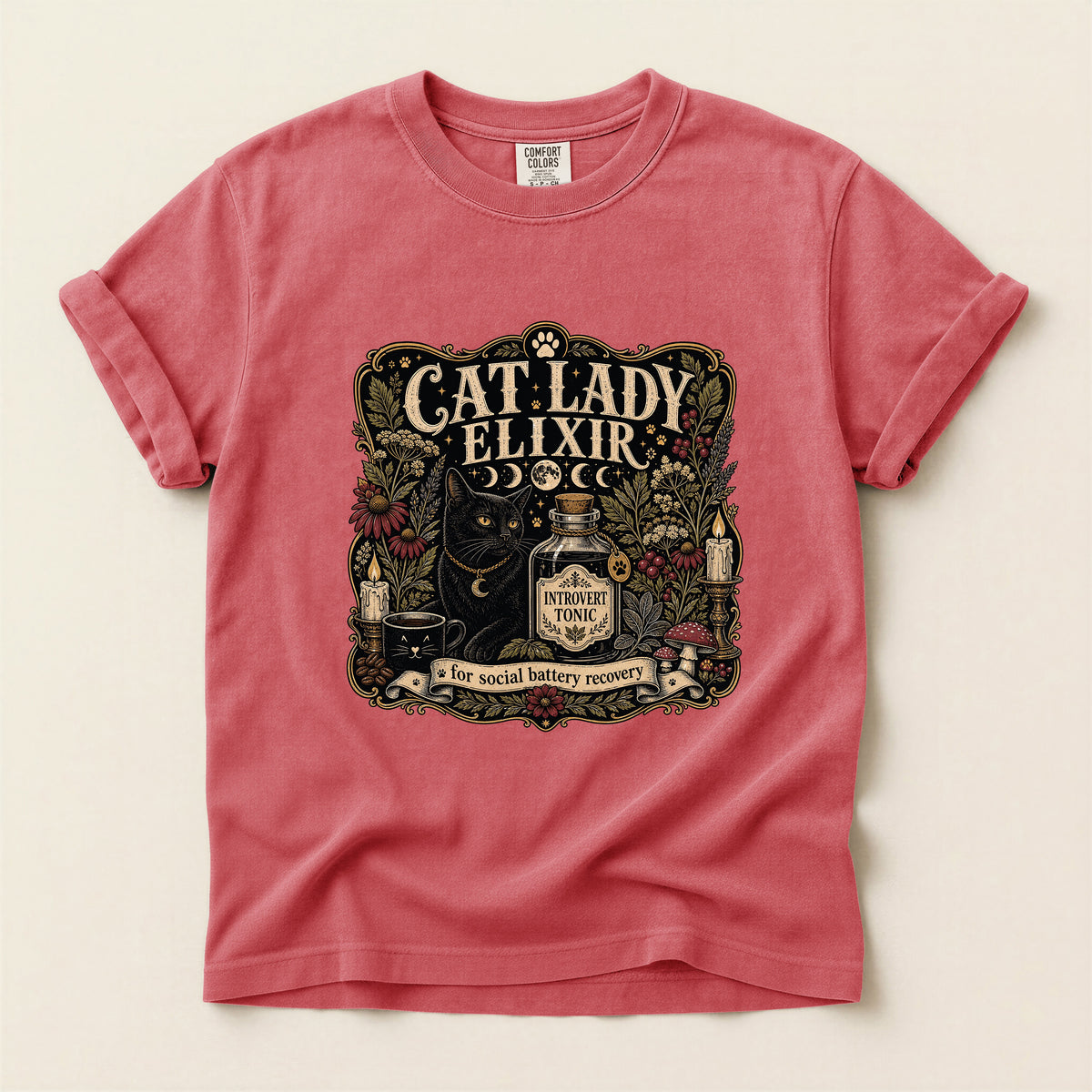Cat Lady Elixir graphic tee in Watermelon, folded flat lay