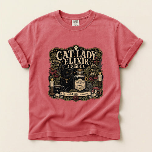 Cat Lady Elixir graphic tee in Watermelon, folded flat lay