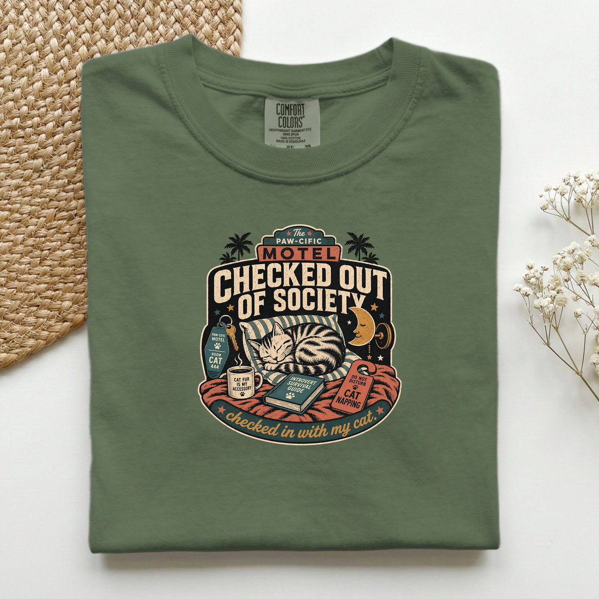 Checked Out of Society graphic tee in Hemp, folded flat lay