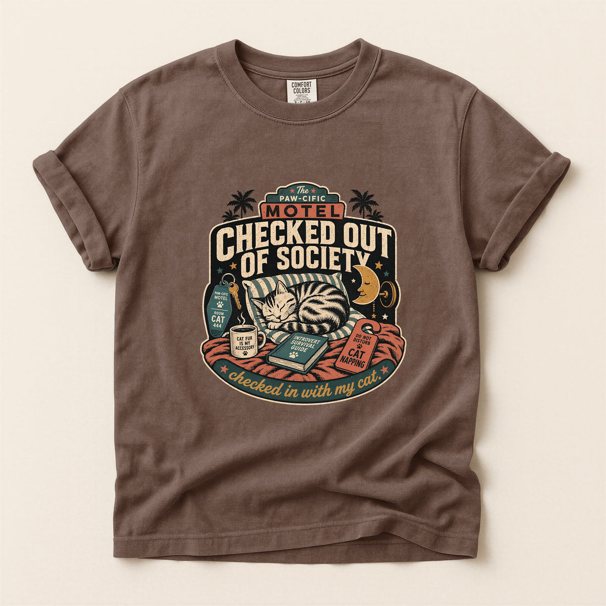 Checked Out of Society graphic tee in Espresso, folded flat lay