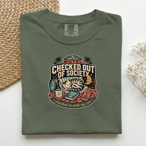 Checked Out of Society graphic tee in Sage, folded flat lay