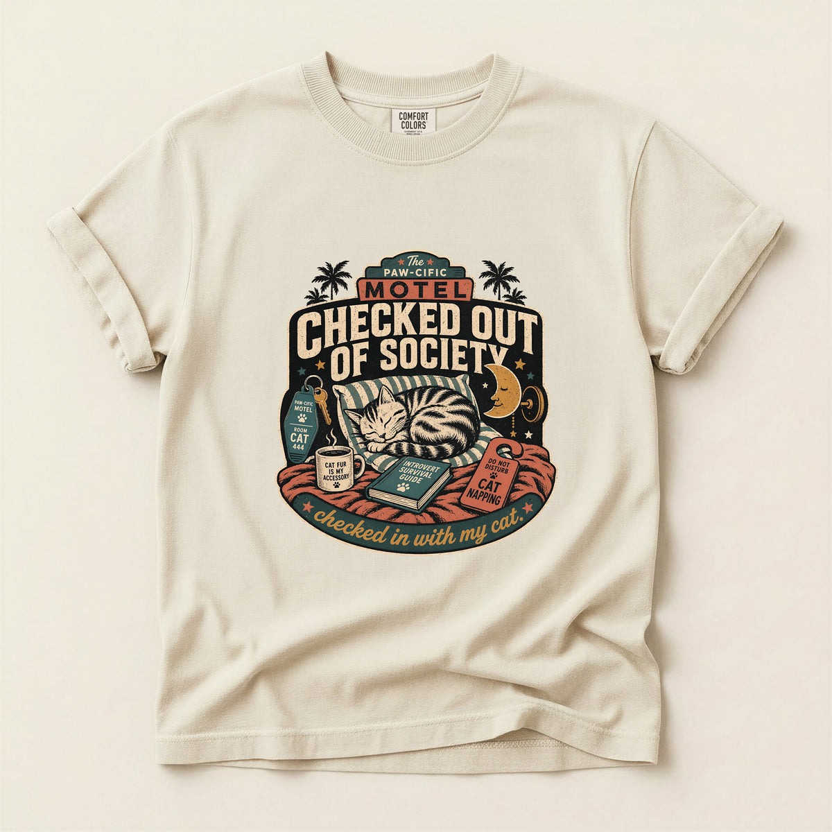 Checked Out of Society graphic tee in Ivory, folded flat lay