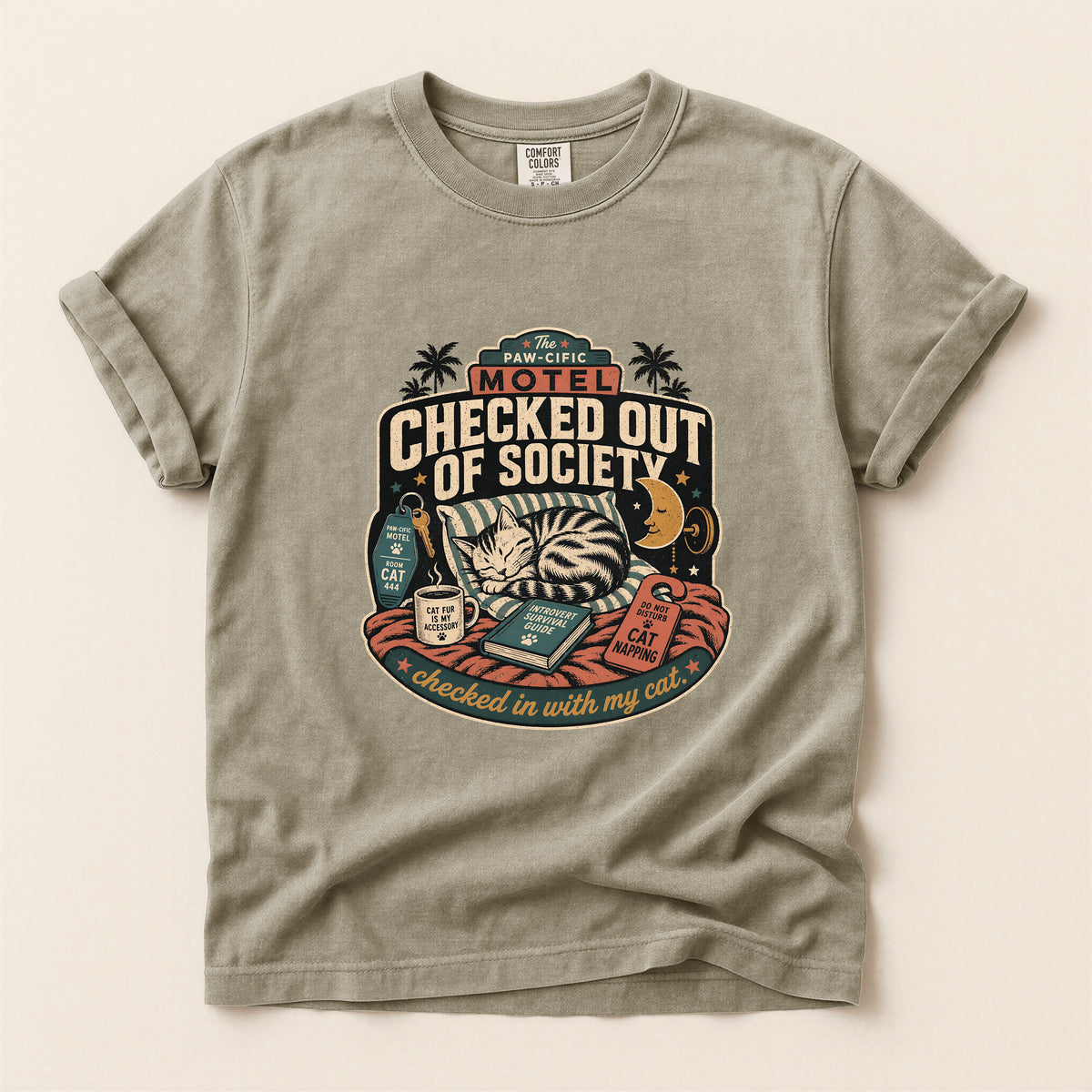 Checked Out of Society graphic tee in Khaki, folded flat lay