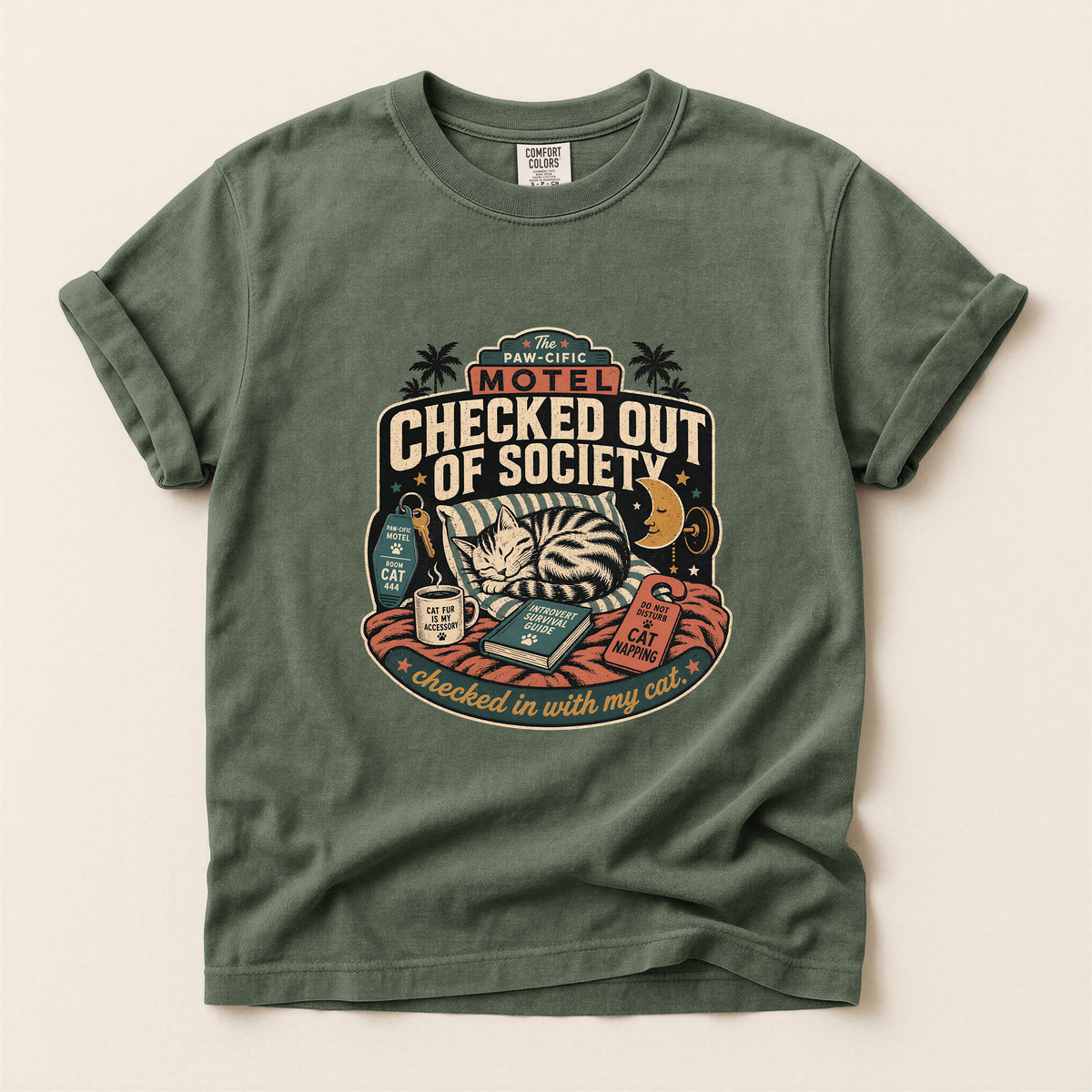 Checked Out of Society graphic tee in Moss, folded flat lay