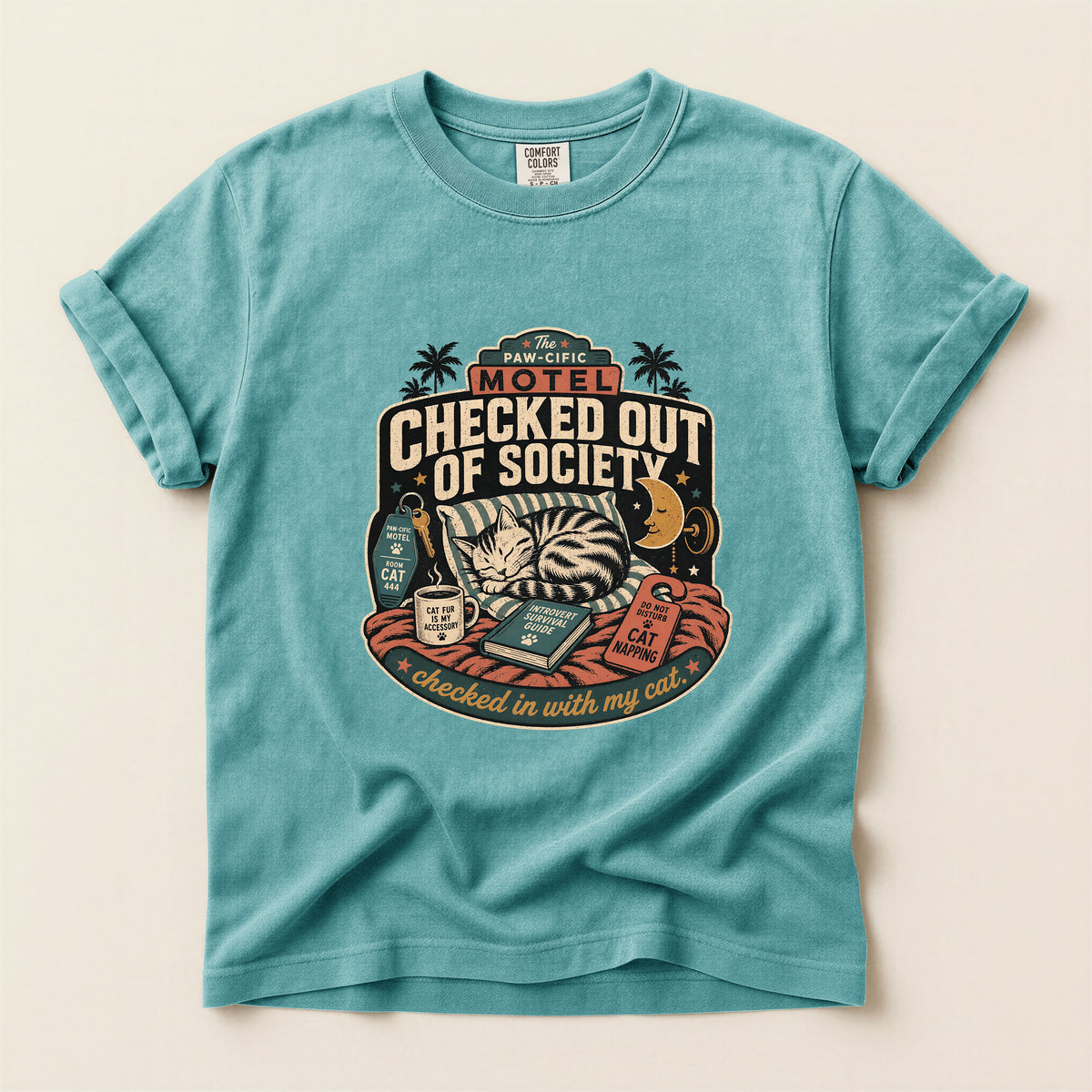 Checked Out of Society graphic tee in Seafoam, folded flat lay
