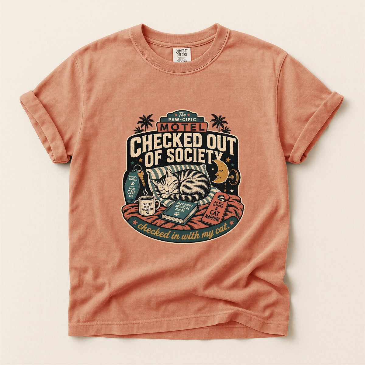 Checked Out of Society graphic tee in Terracotta, folded flat lay