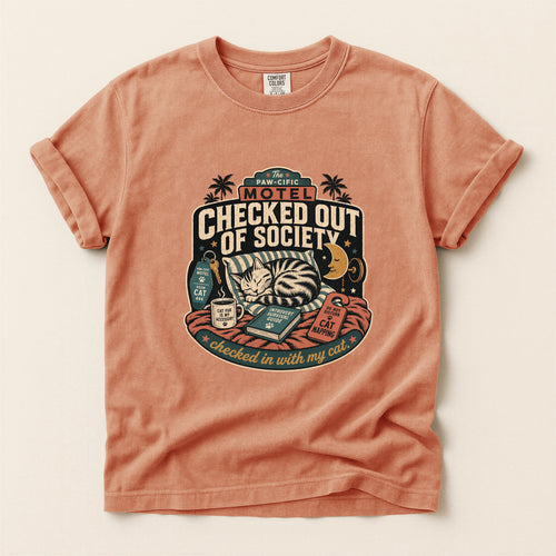 Checked Out of Society graphic tee in Terracotta, folded flat lay