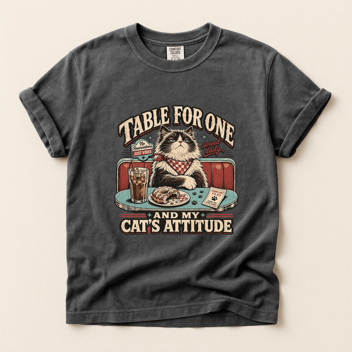 Table For One graphic tee in Pepper, folded flat lay
