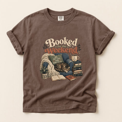 Booked By My Cat graphic tee in Espresso, folded flat lay