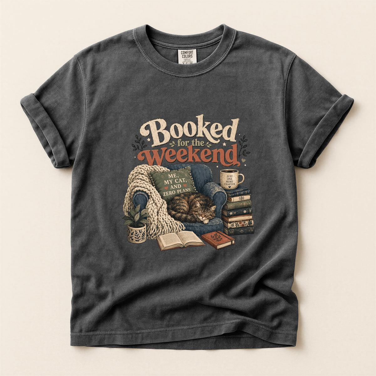 Booked By My Cat graphic tee in Pepper, folded flat lay