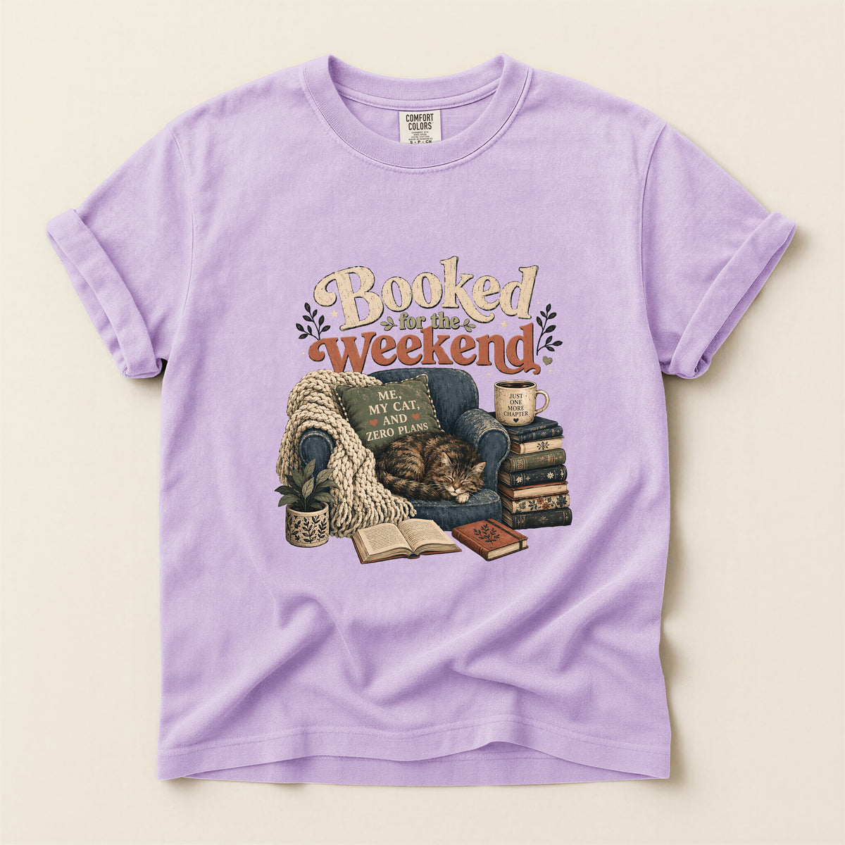 Booked By My Cat graphic tee in Orchid, folded flat lay