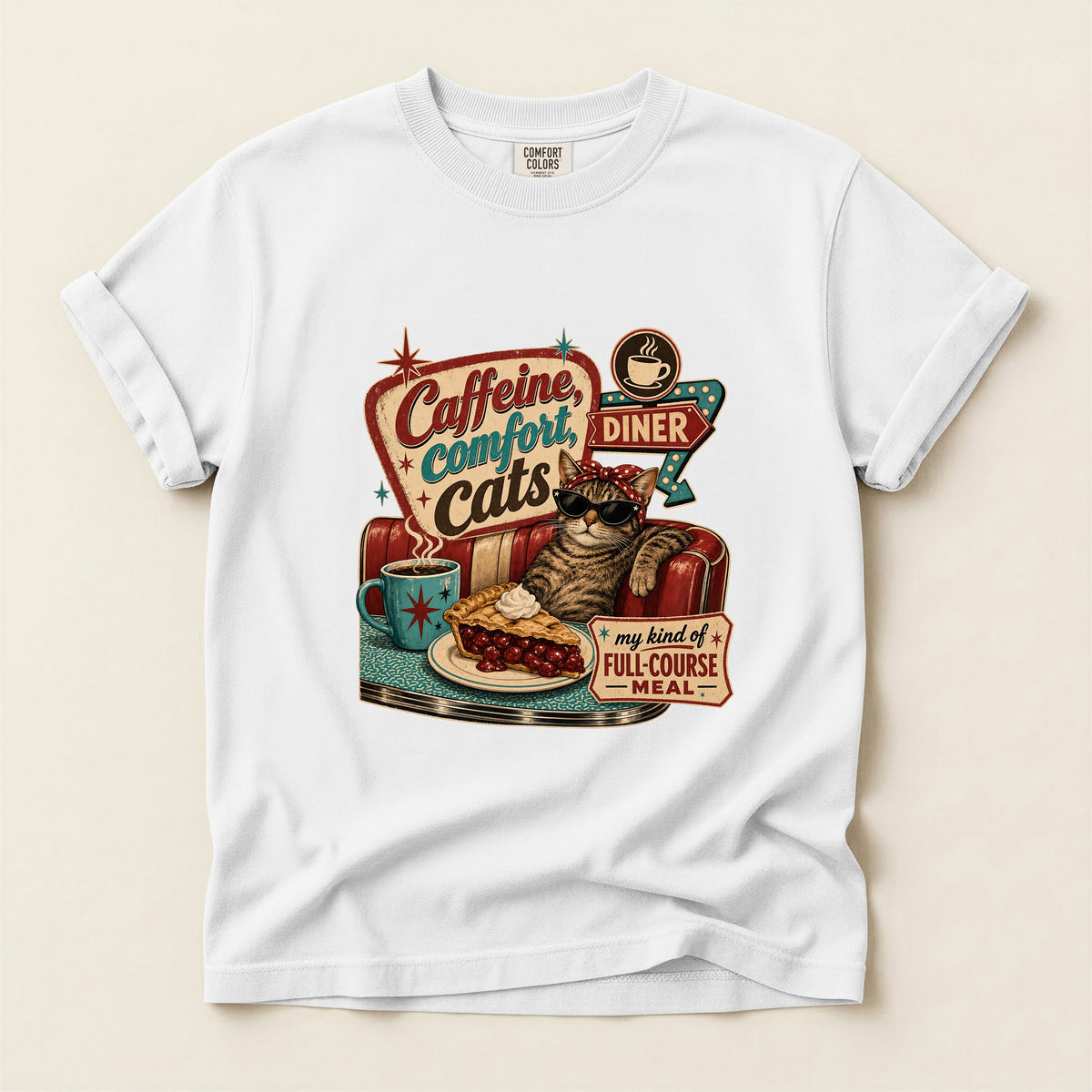 Caffeine Comfort Cats graphic tee in White, folded flat lay