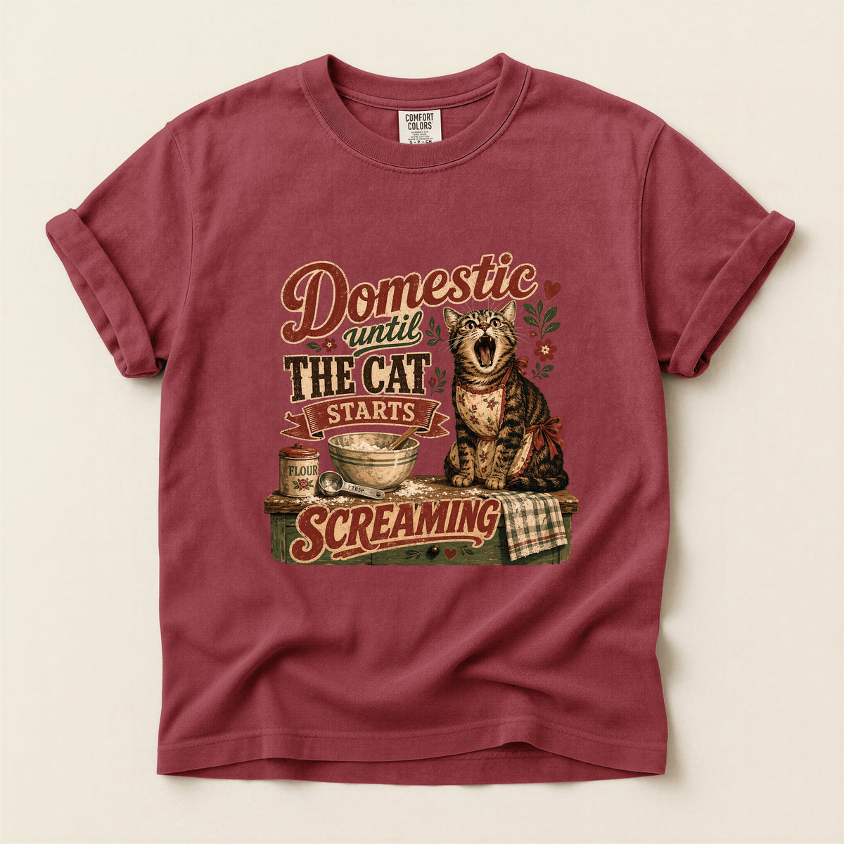 Domestic Until The Cat Starts Screaming graphic tee in Brick, folded flat lay
