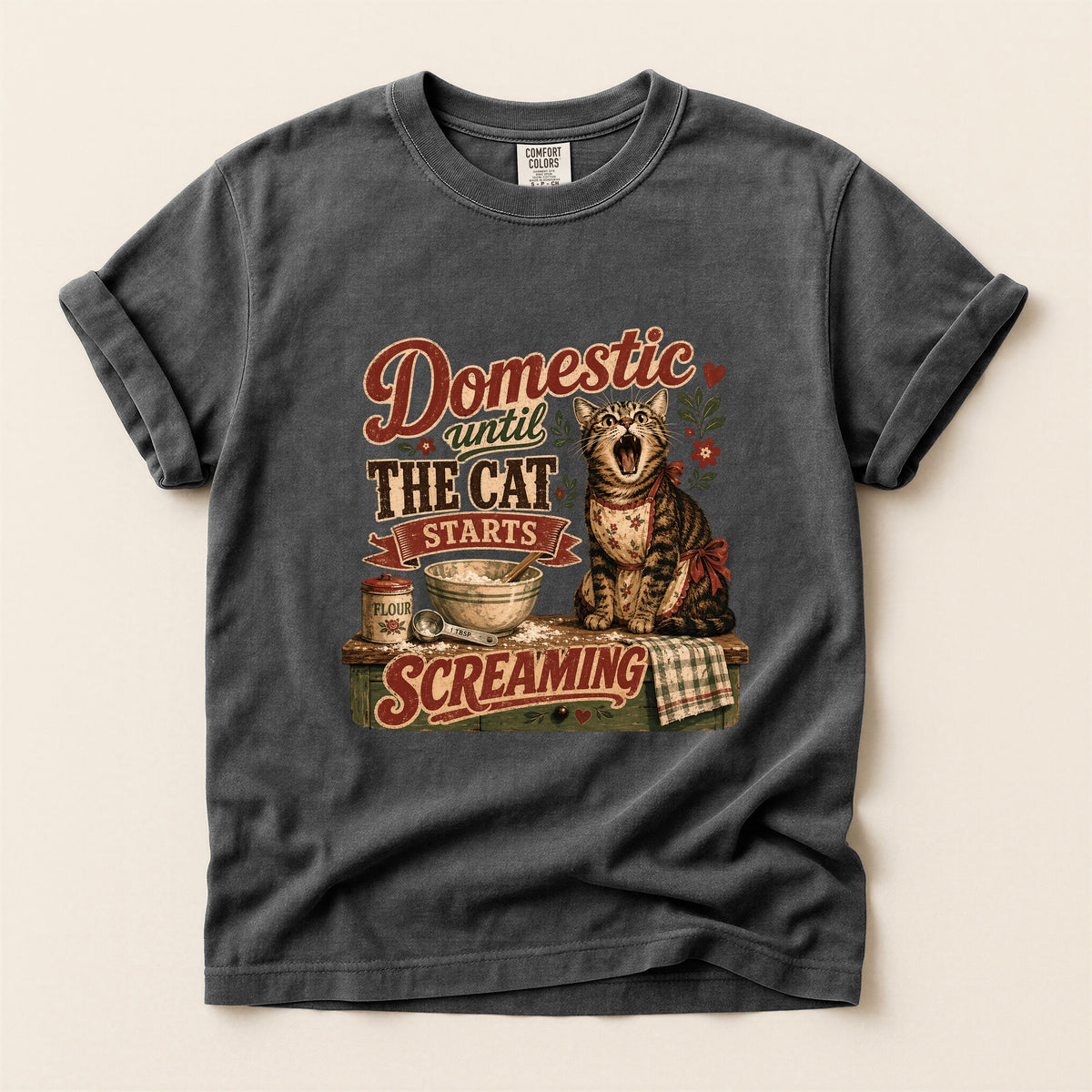 Domestic Until The Cat Starts Screaming graphic tee in Pepper, folded flat lay