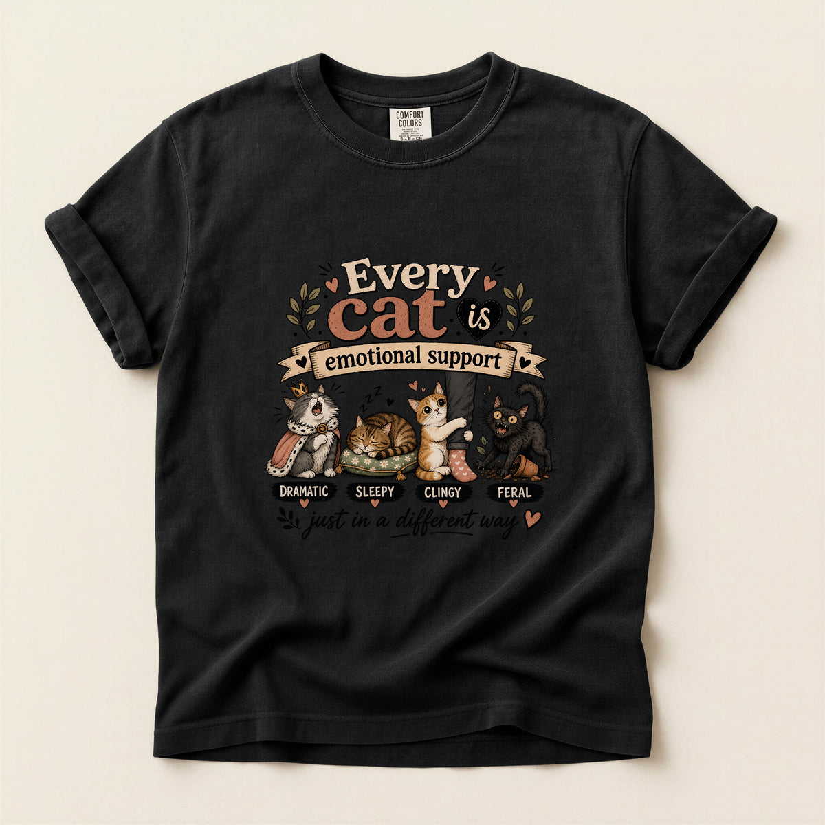 Every Cat Is Emotional Support graphic tee in Black, folded flat lay