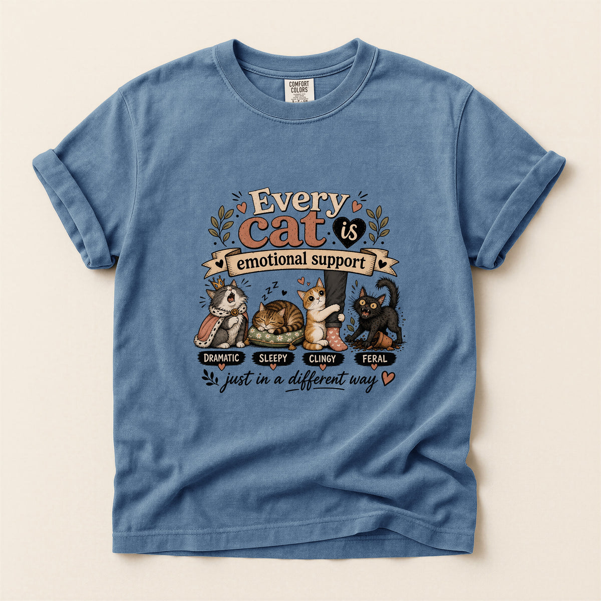 Every Cat Is Emotional Support graphic tee in Blue Jean, folded flat lay
