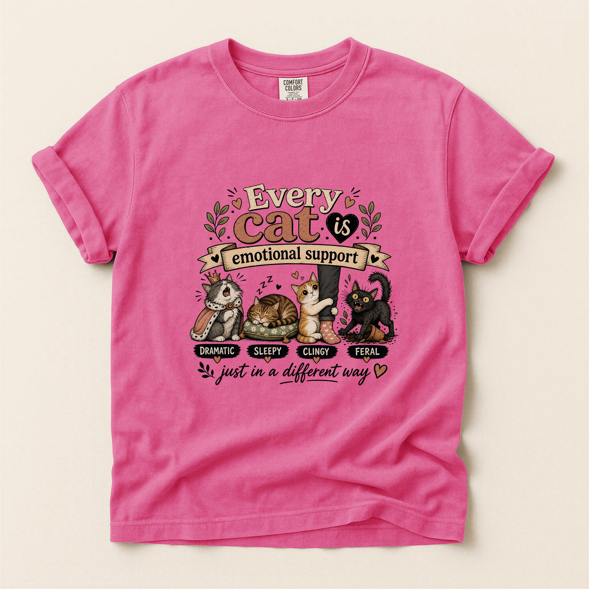Every Cat Is Emotional Support graphic tee in Crunchberry, folded flat lay