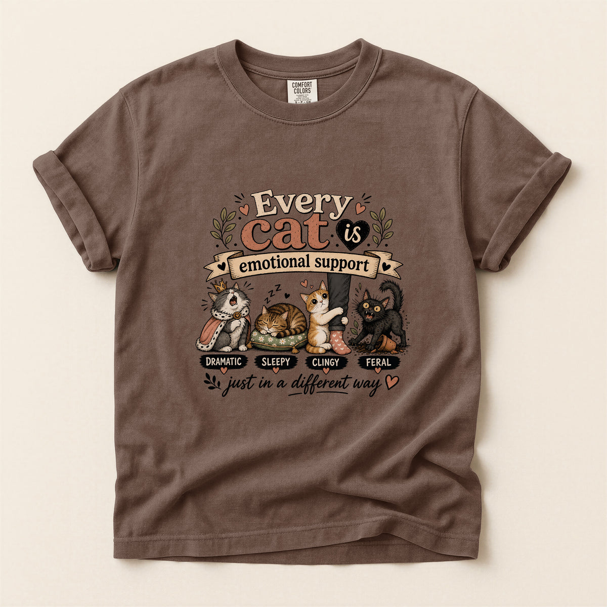 Every Cat Is Emotional Support graphic tee in Espresso, folded flat lay
