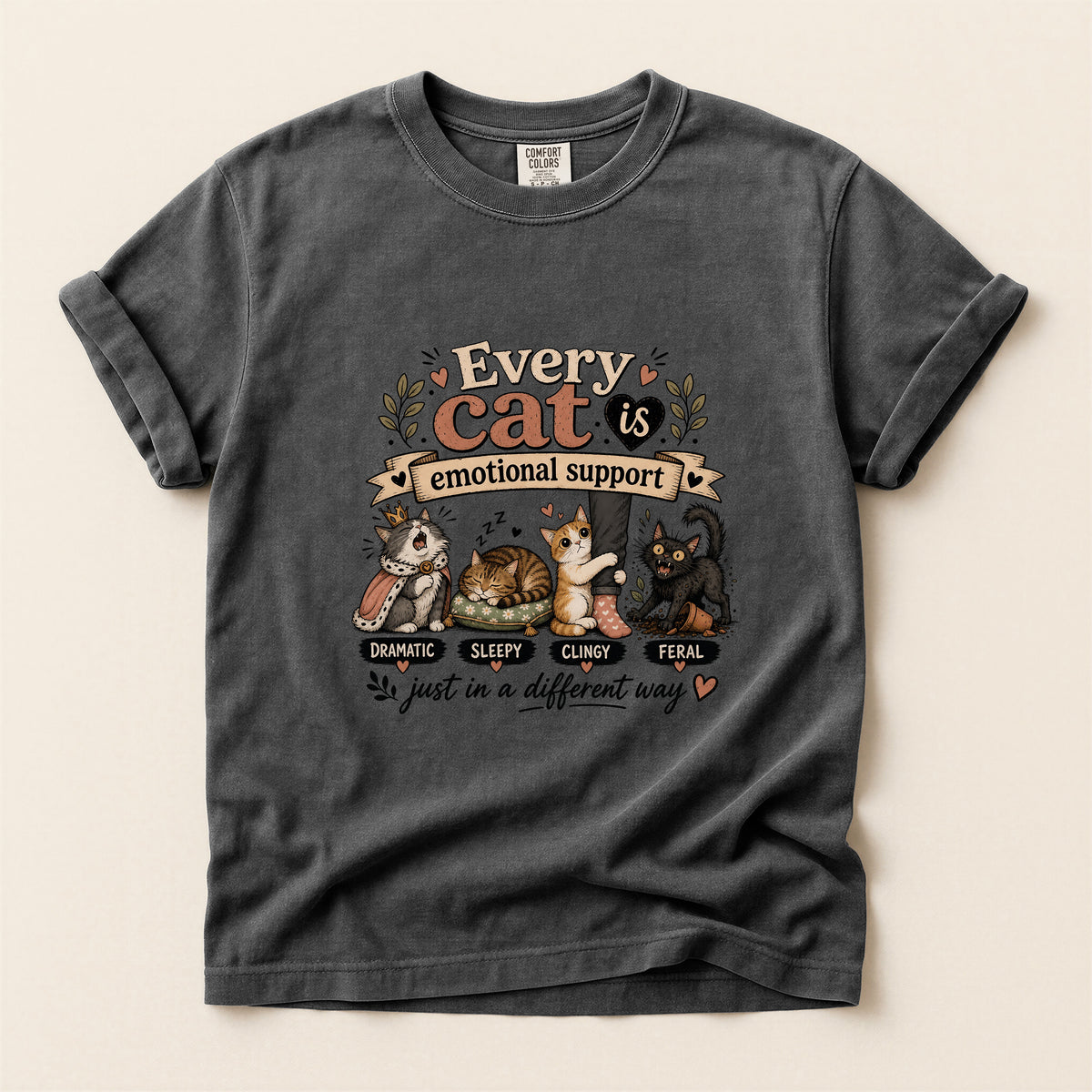 Every Cat Is Emotional Support graphic tee in Pepper, folded flat lay
