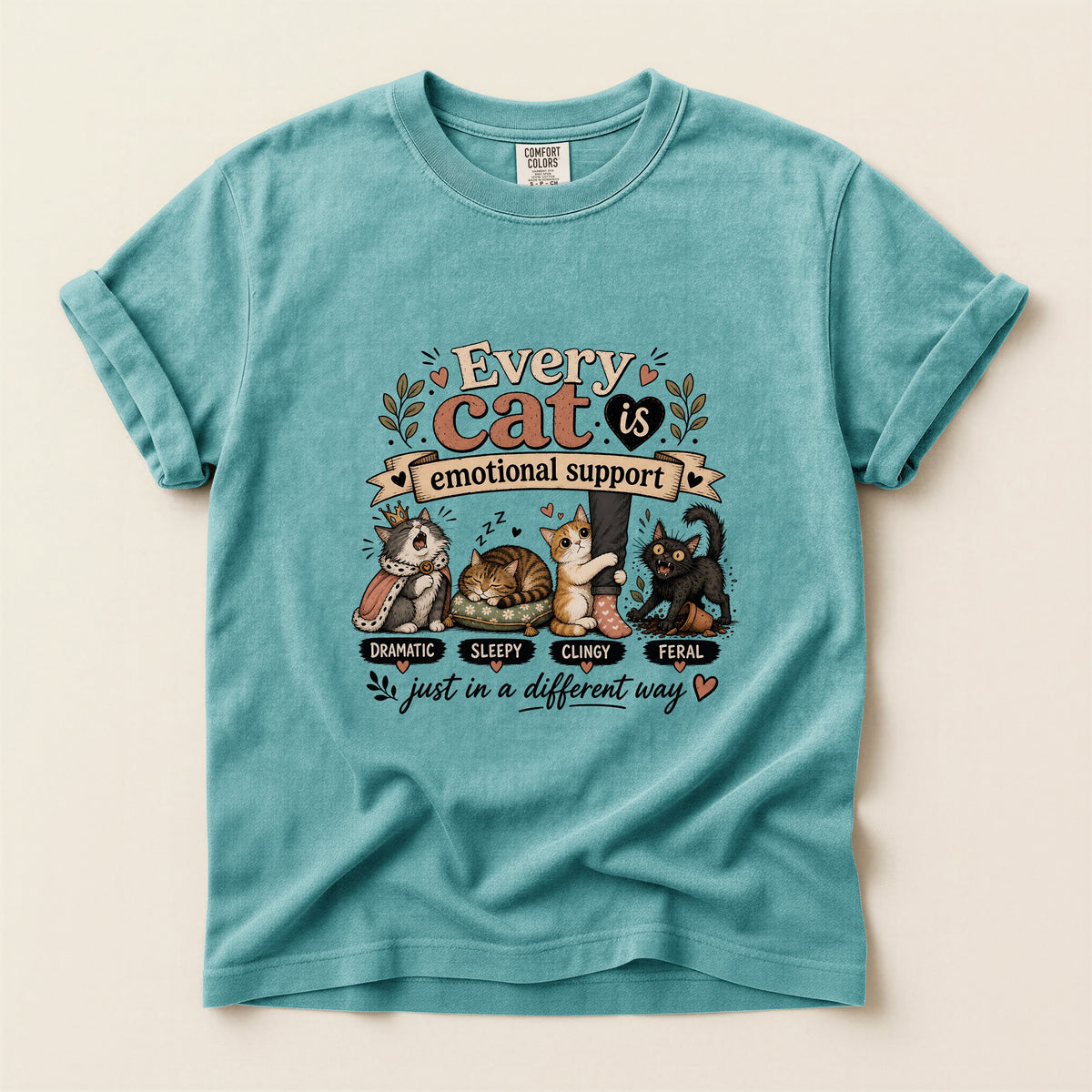 Every Cat Is Emotional Support graphic tee in Seafoam, folded flat lay