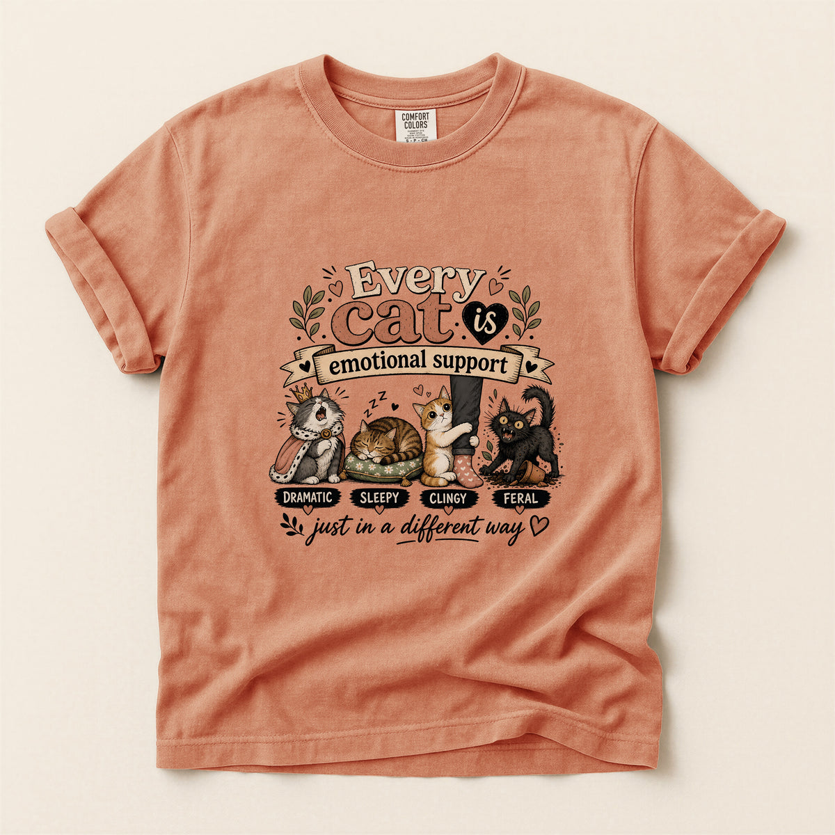 Every Cat Is Emotional Support graphic tee in Terracotta, folded flat lay