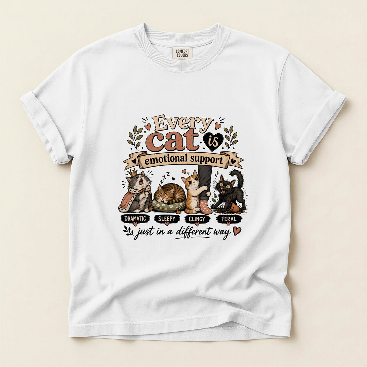 Every Cat Is Emotional Support graphic tee in White, folded flat lay