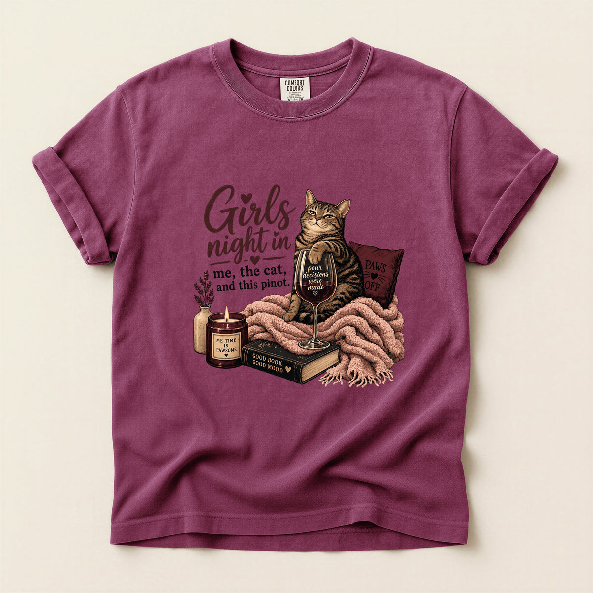 Girls Night In graphic tee in Berry, folded flat lay