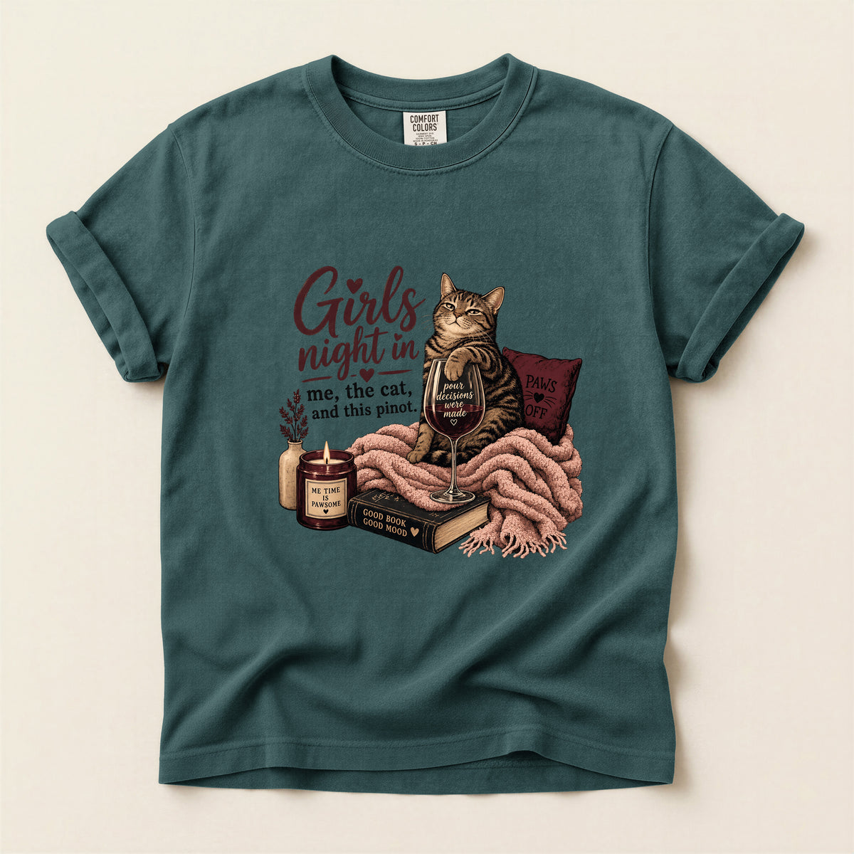 Girls Night In graphic tee in Blue Spruce, folded flat lay