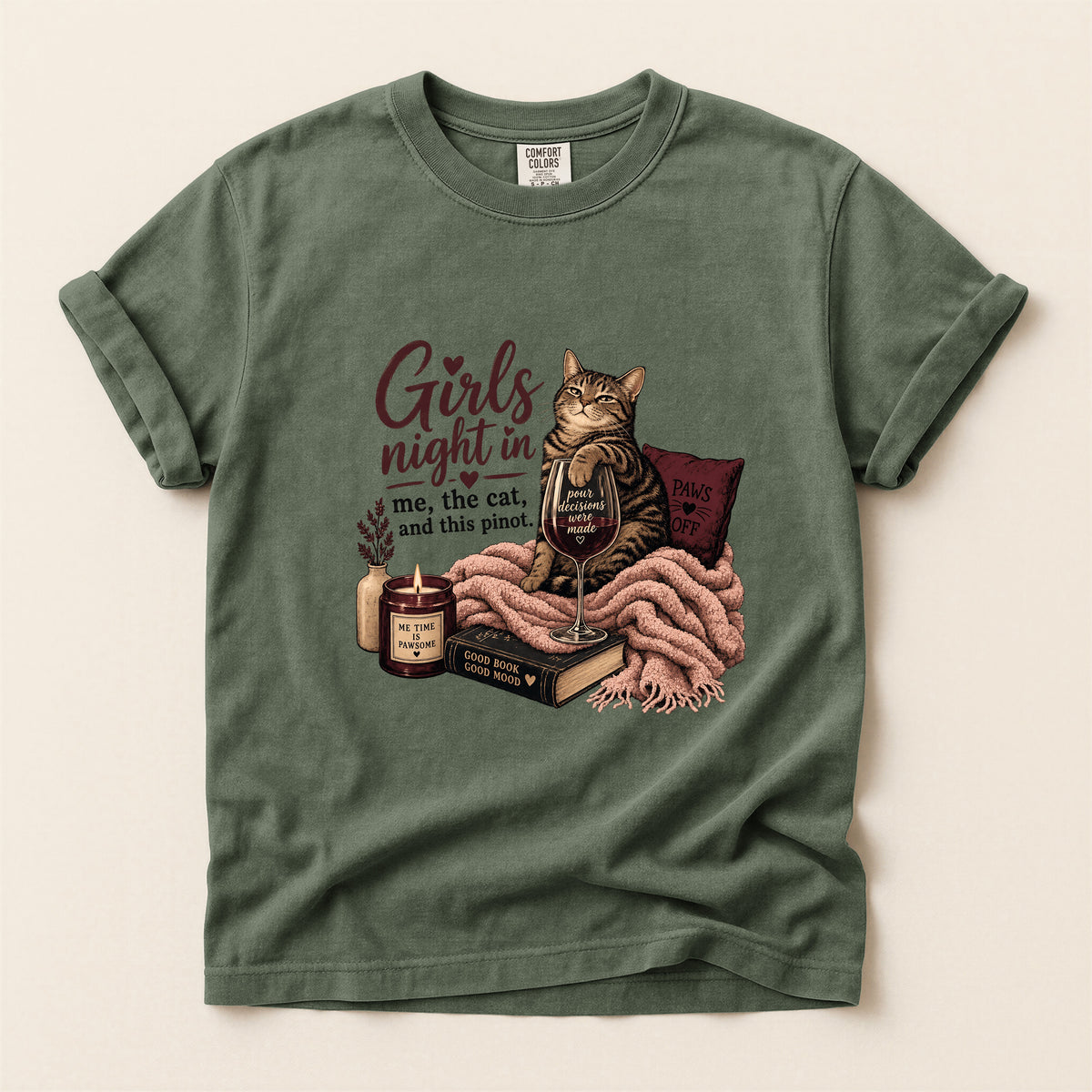 Girls Night In graphic tee in Moss, folded flat lay