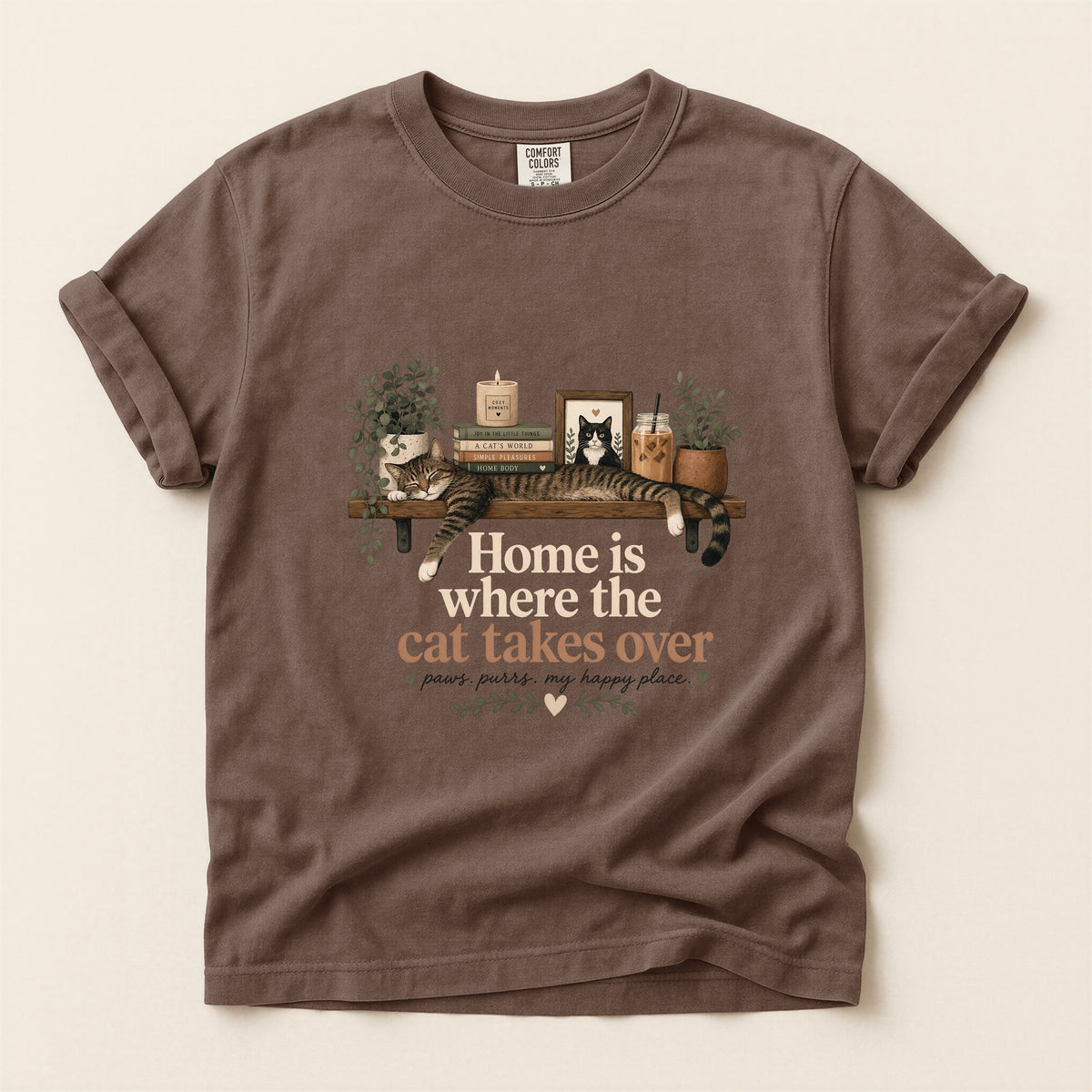 Home Is Where The Cat Takes Over graphic tee in Espresso, folded flat lay