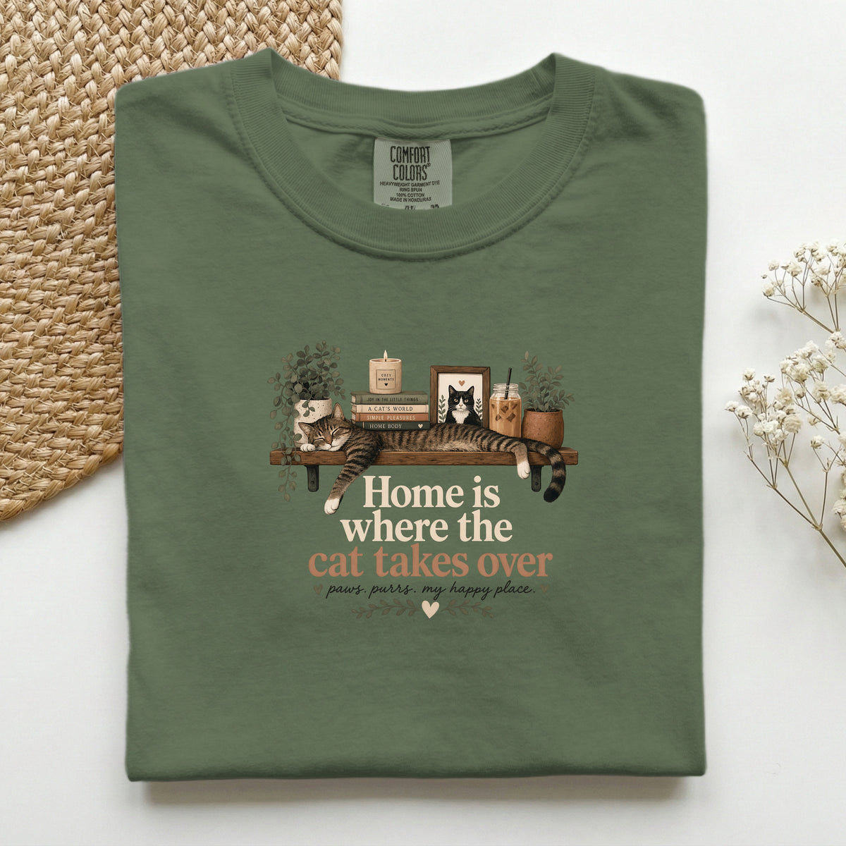 Home Is Where The Cat Takes Over graphic tee in Hemp, folded flat lay