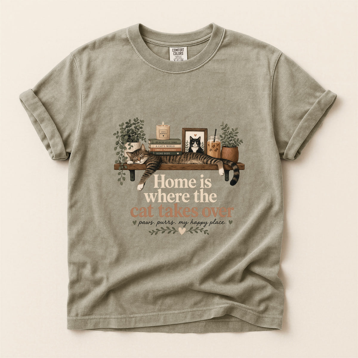Home Is Where The Cat Takes Over graphic tee in Khaki, folded flat lay