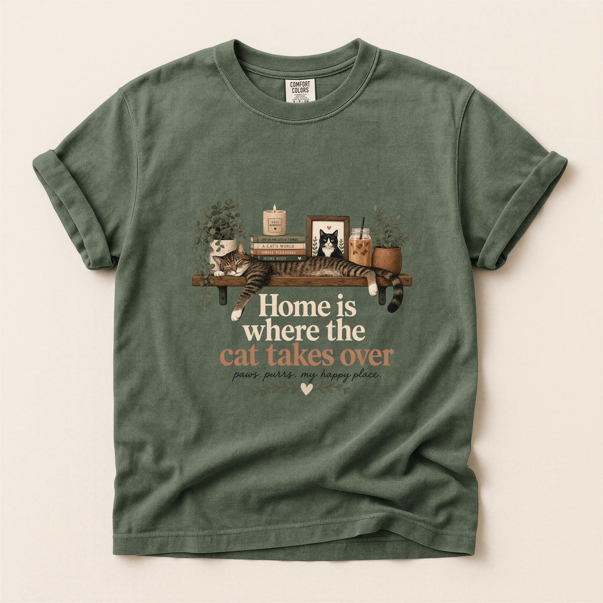 Home Is Where The Cat Takes Over graphic tee in Moss, folded flat lay