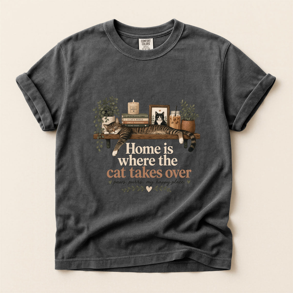 Home Is Where The Cat Takes Over graphic tee in Pepper, folded flat lay