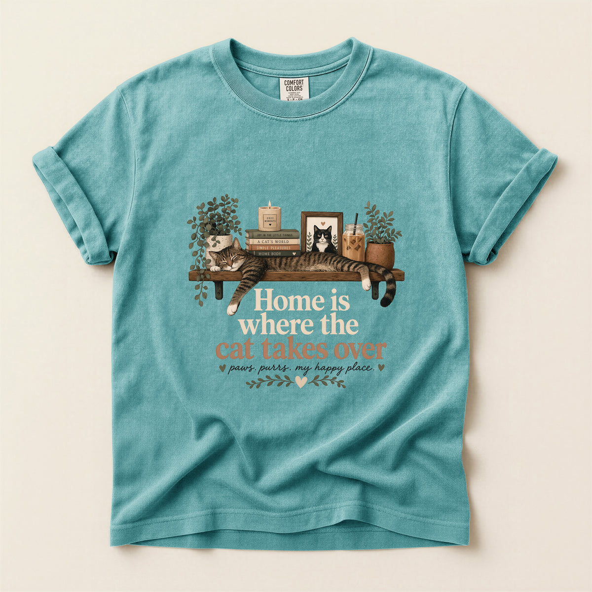 Home Is Where The Cat Takes Over graphic tee in Seafoam, folded flat lay