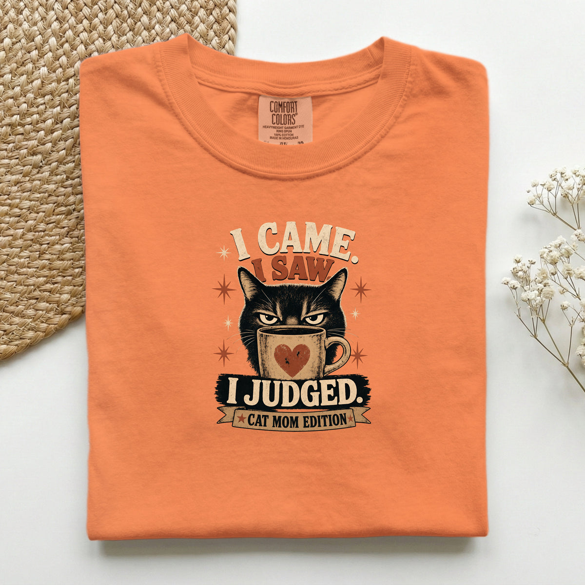 I Came I Saw I Judged graphic tee in Burnt Orange, folded flat lay