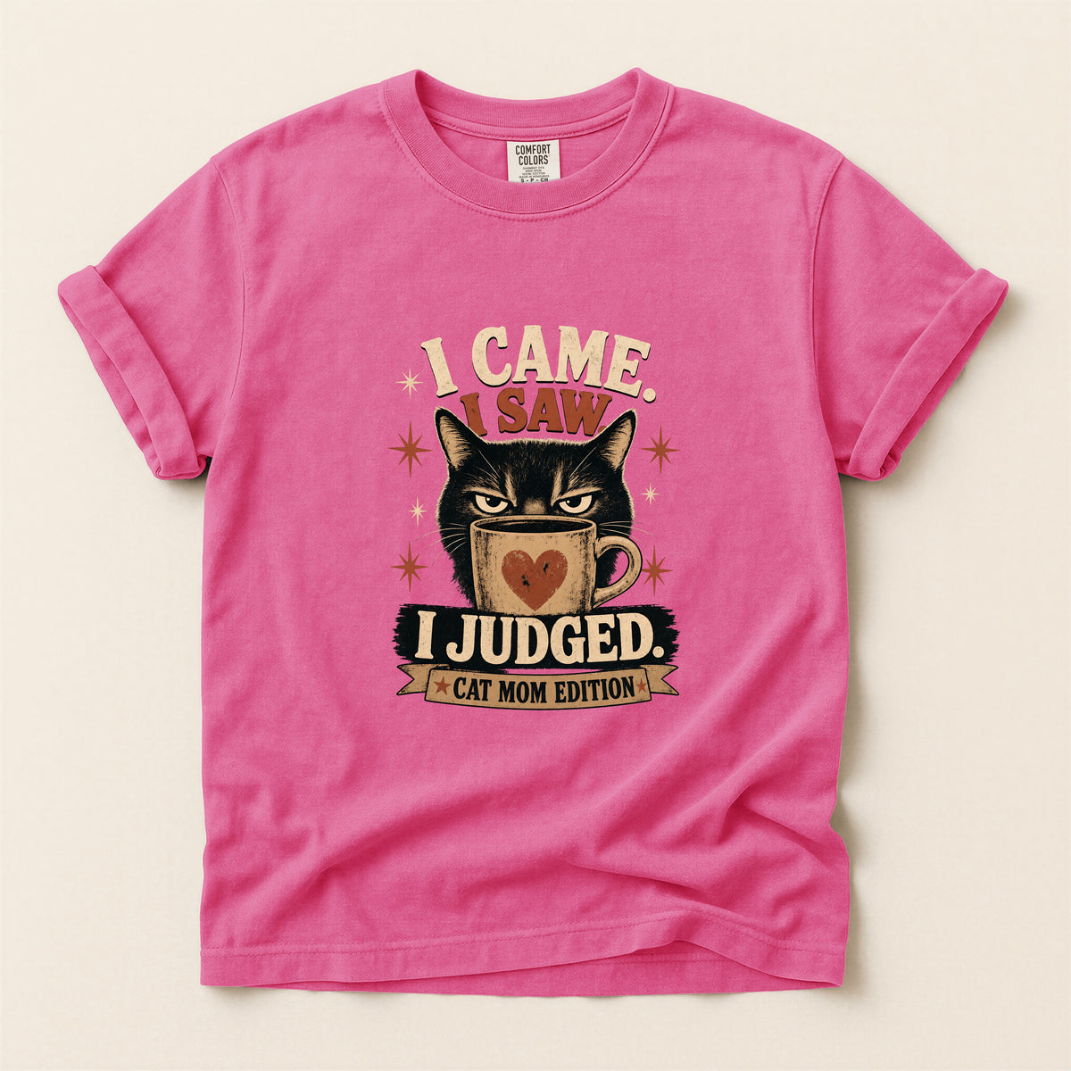 I Came I Saw I Judged graphic tee in Crunchberry, folded flat lay