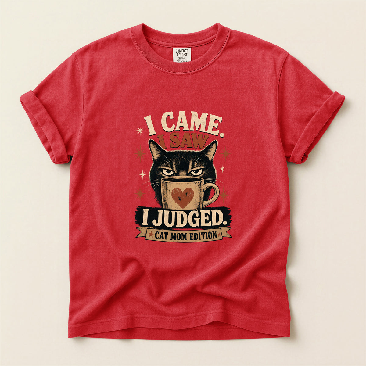 I Came I Saw I Judged graphic tee in Red, folded flat lay