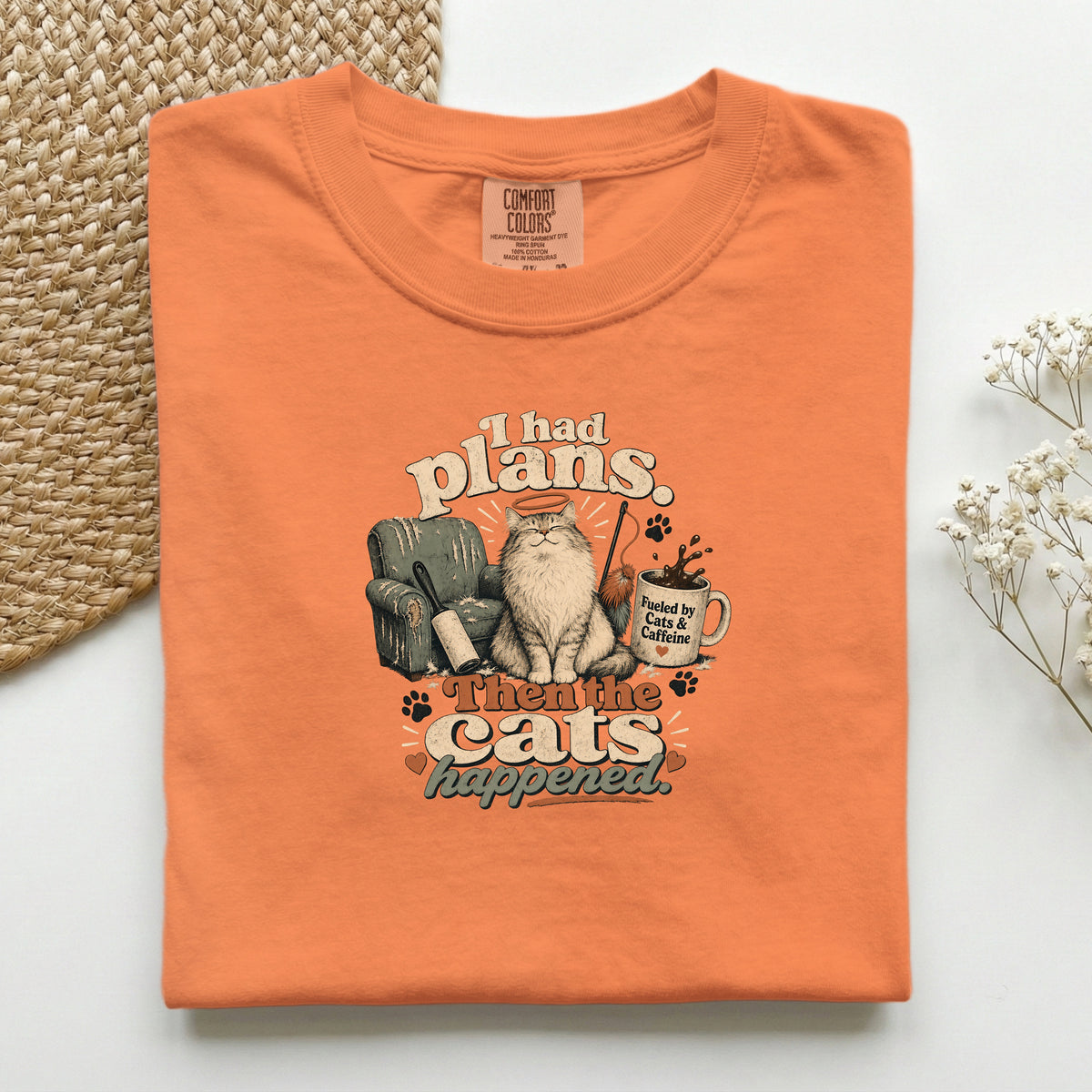 I Had Plans Then The Cats Happened graphic tee in Burnt Orange, folded flat lay
