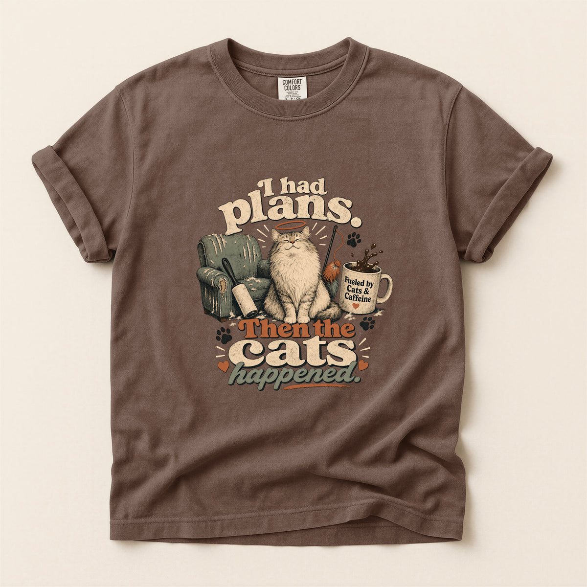 I Had Plans Then The Cats Happened graphic tee in Espresso, folded flat lay