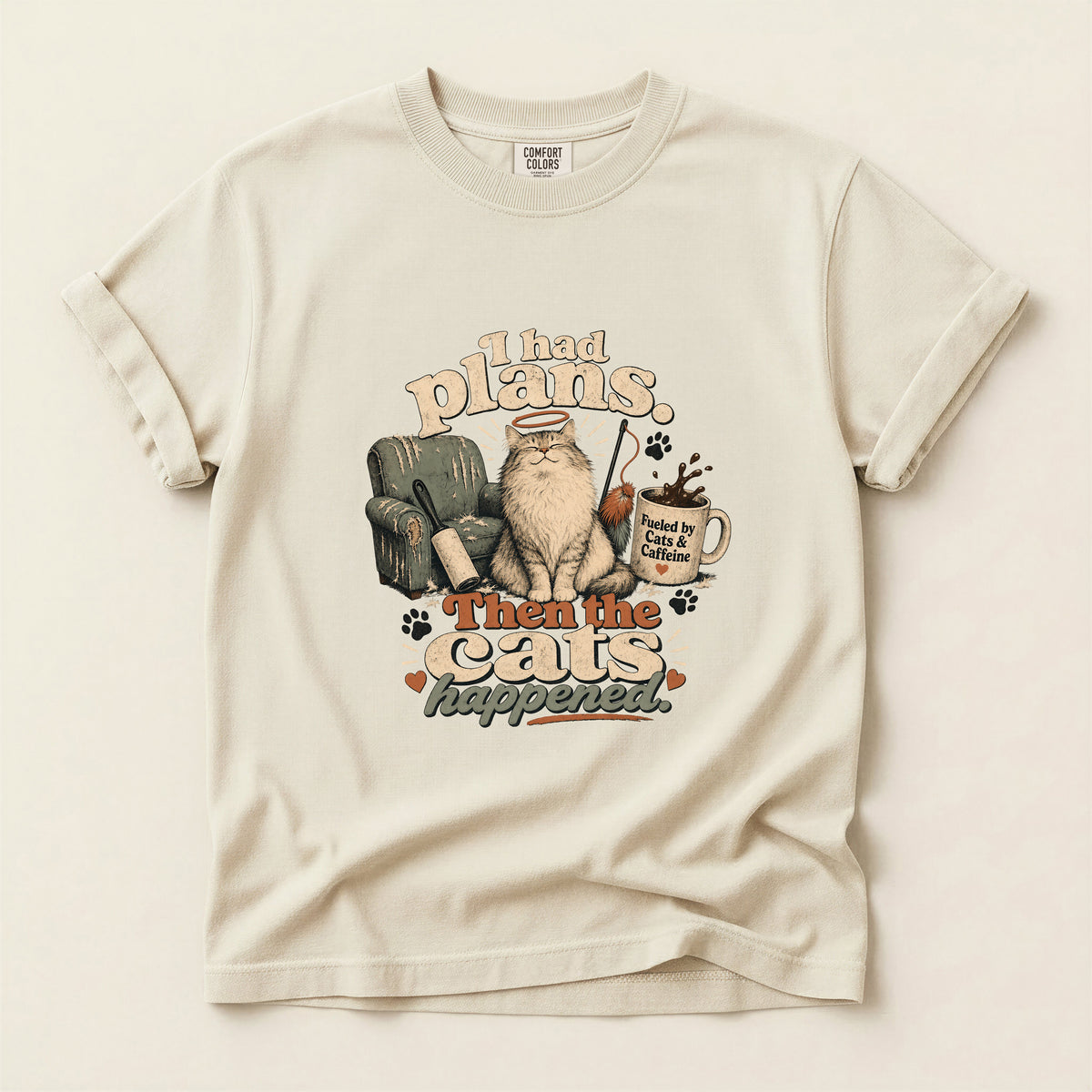 I Had Plans Then The Cats Happened graphic tee in Ivory, folded flat lay