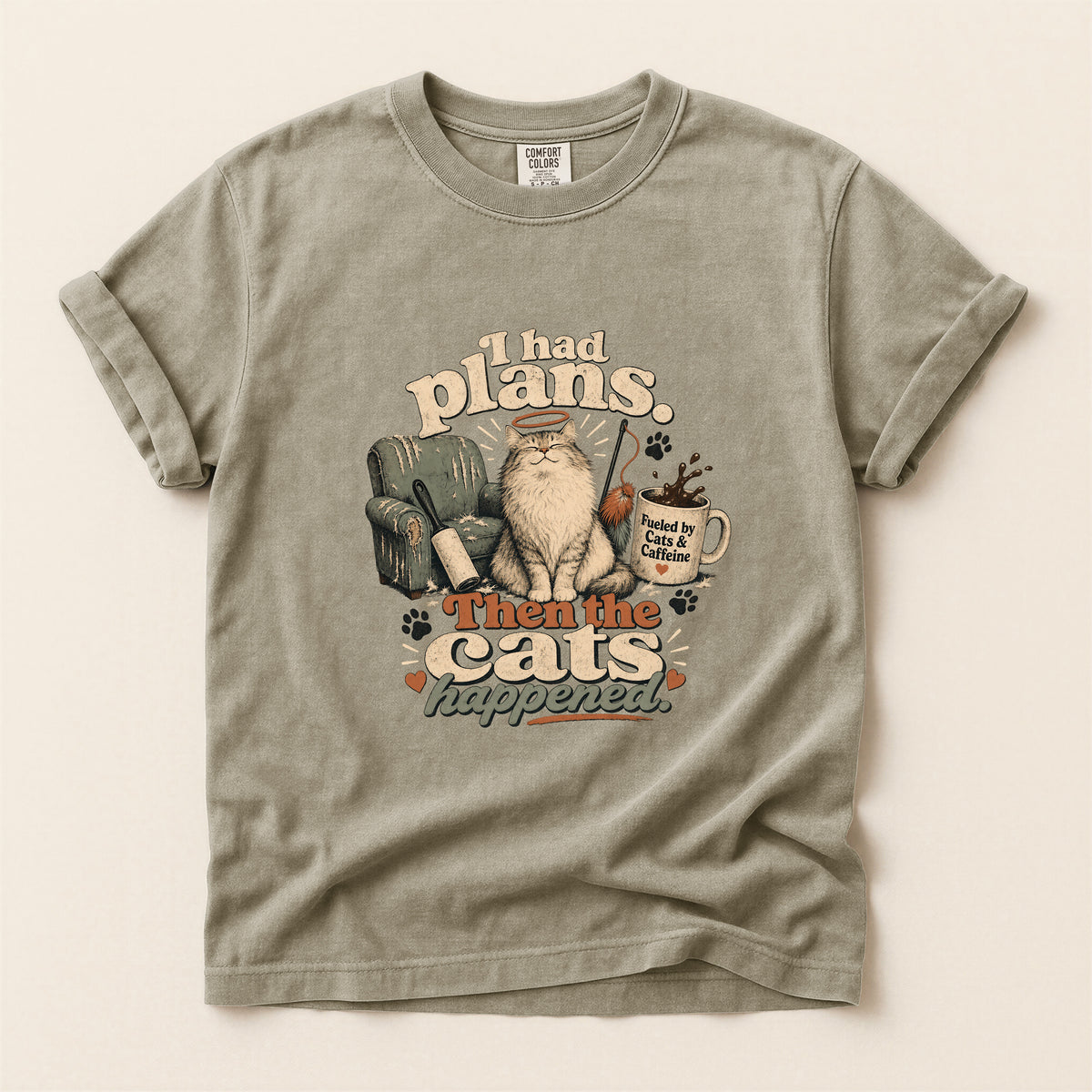 I Had Plans Then The Cats Happened graphic tee in Khaki, folded flat lay