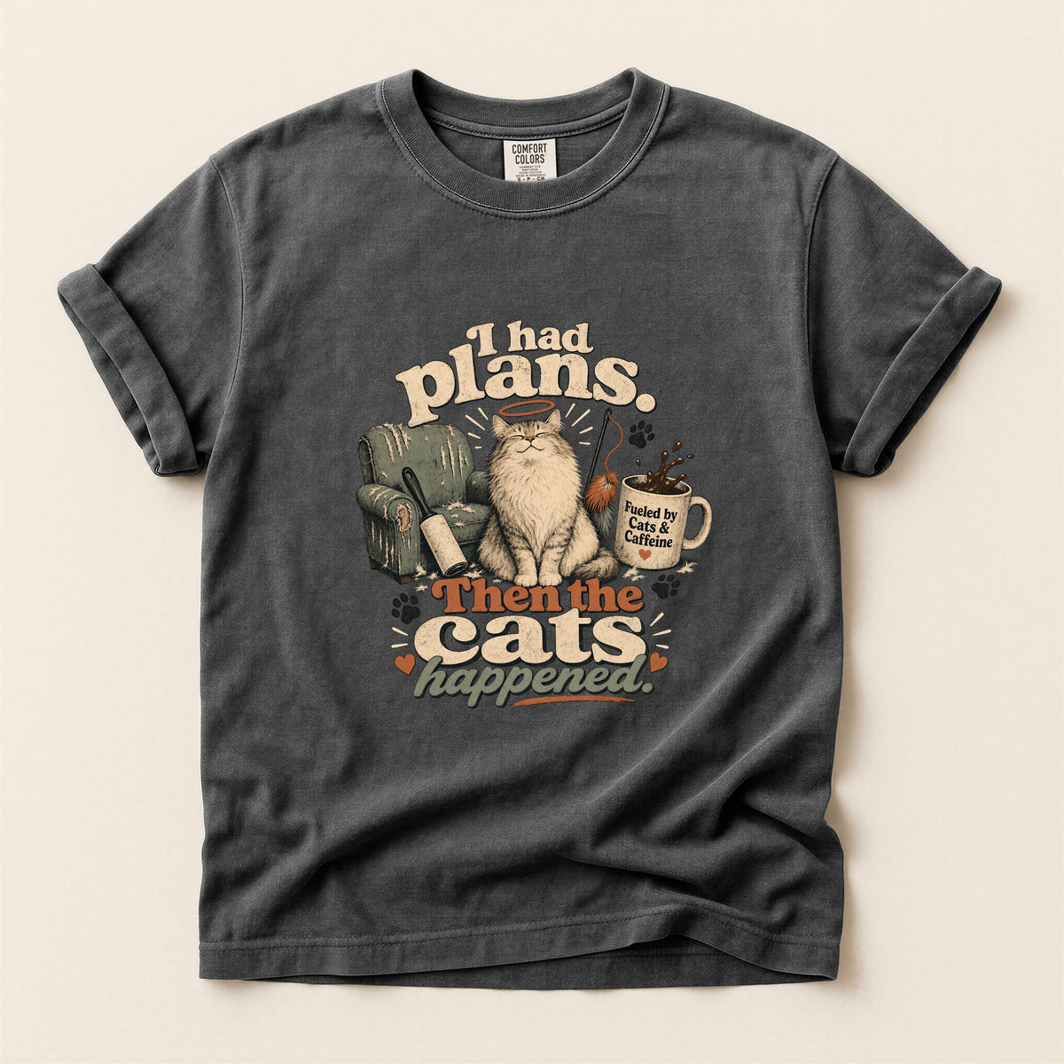 I Had Plans Then The Cats Happened graphic tee in Pepper, folded flat lay