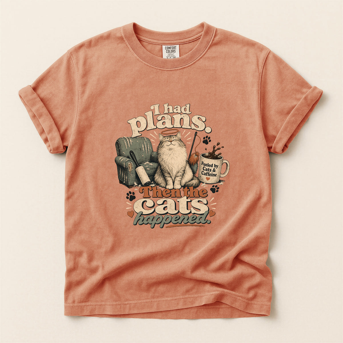 I Had Plans Then The Cats Happened graphic tee in Terracotta, folded flat lay