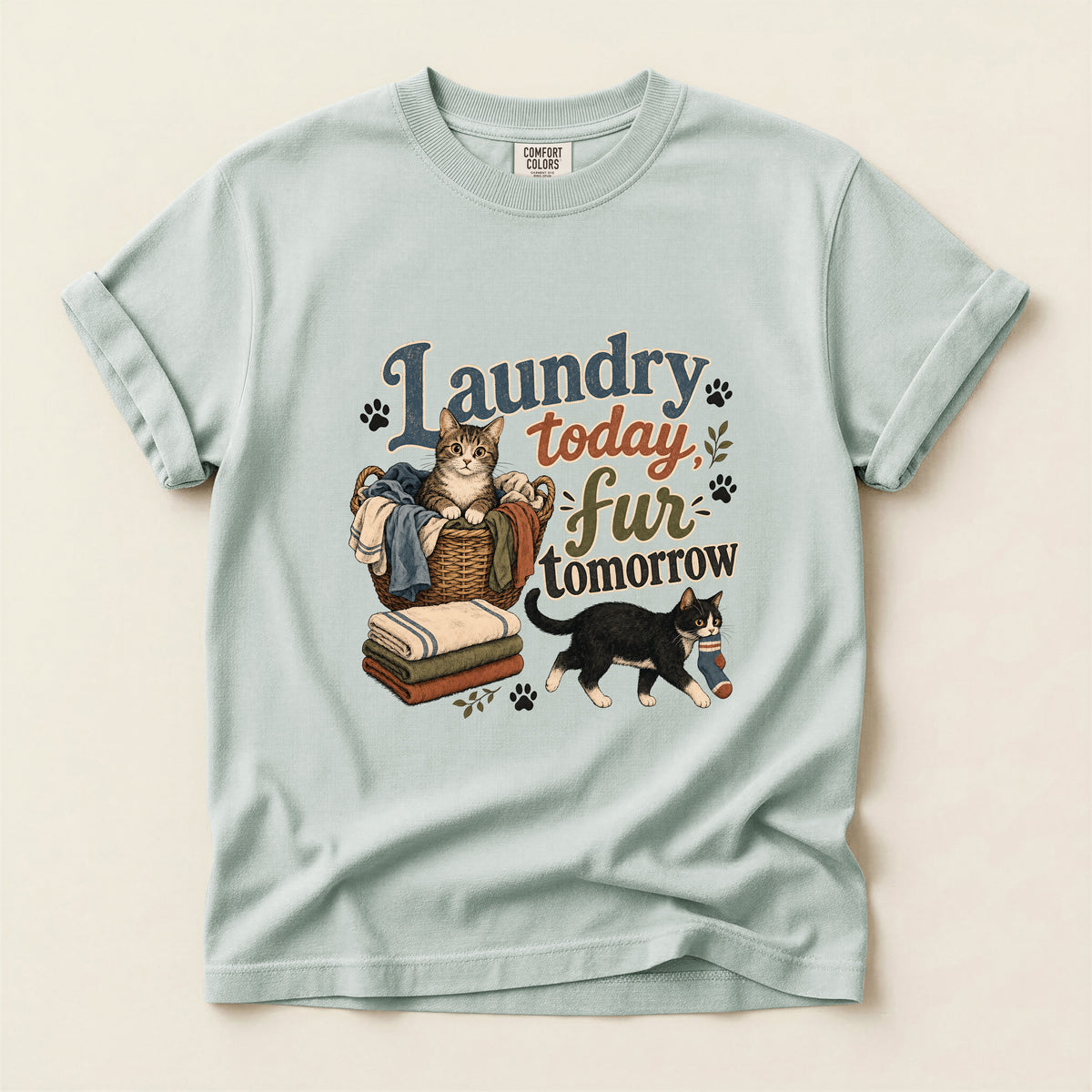 Laundry Today Fur Tomorrow graphic tee in Bay, folded flat lay