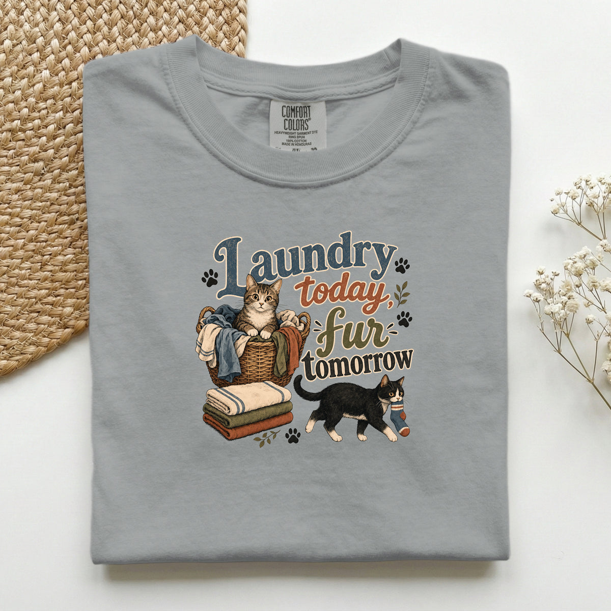 Laundry Today Fur Tomorrow graphic tee in Granite, folded flat lay