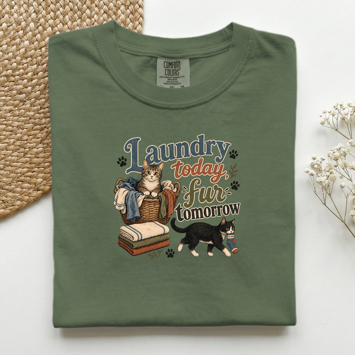 Laundry Today Fur Tomorrow graphic tee in Hemp, folded flat lay