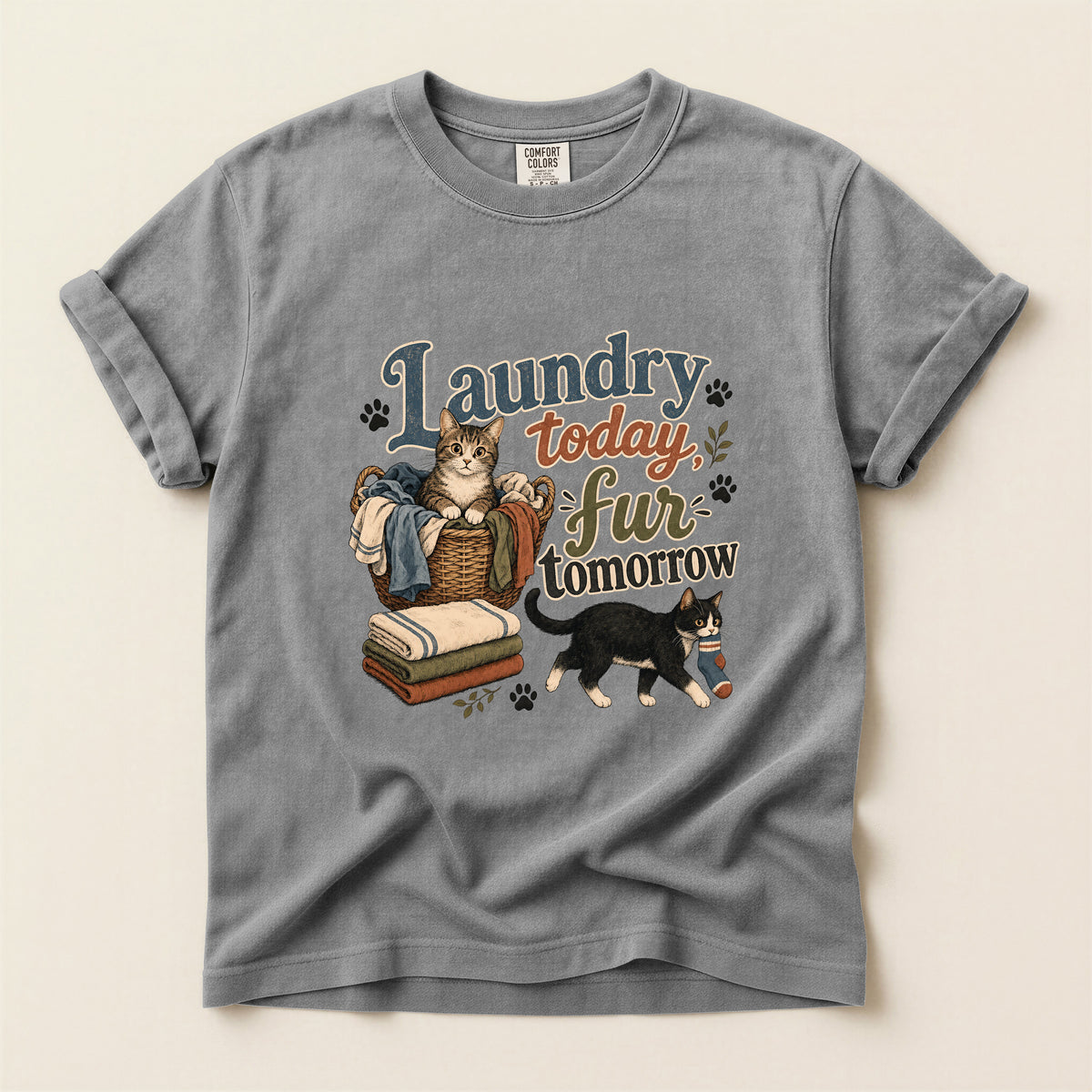 Laundry Today Fur Tomorrow graphic tee in Grey, folded flat lay