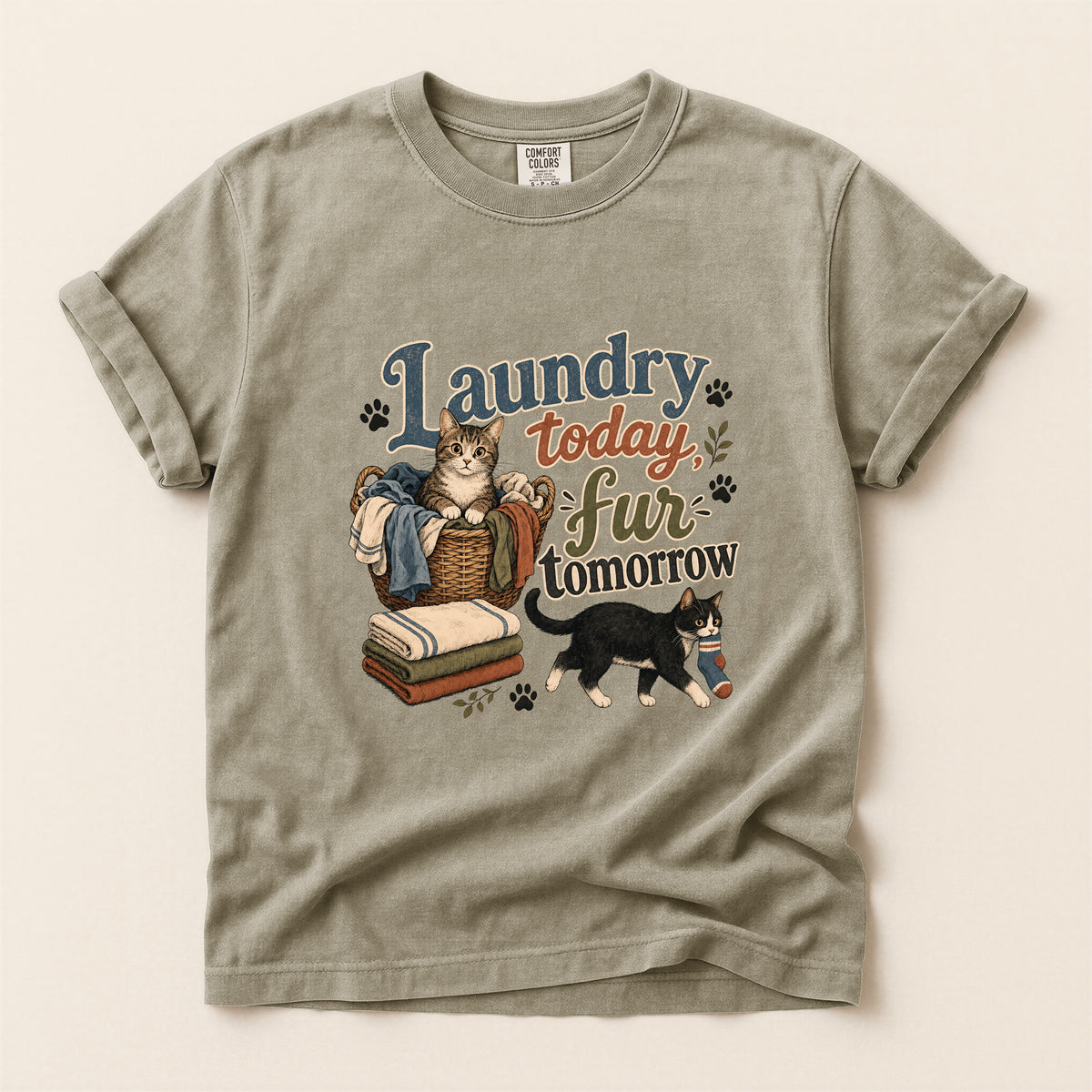Laundry Today Fur Tomorrow graphic tee in Khaki, folded flat lay